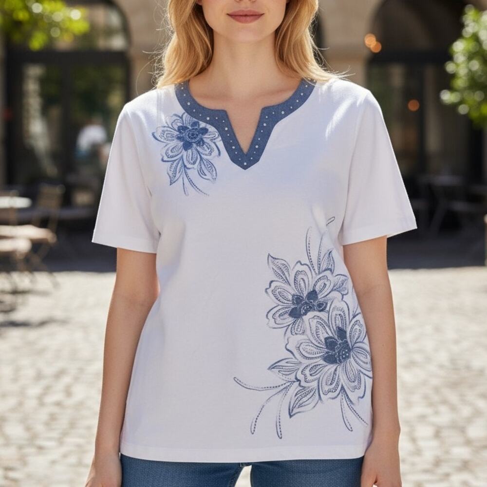 Alfred‎ Dunner Wht/Denim Flower Shirt V Neck Sz M